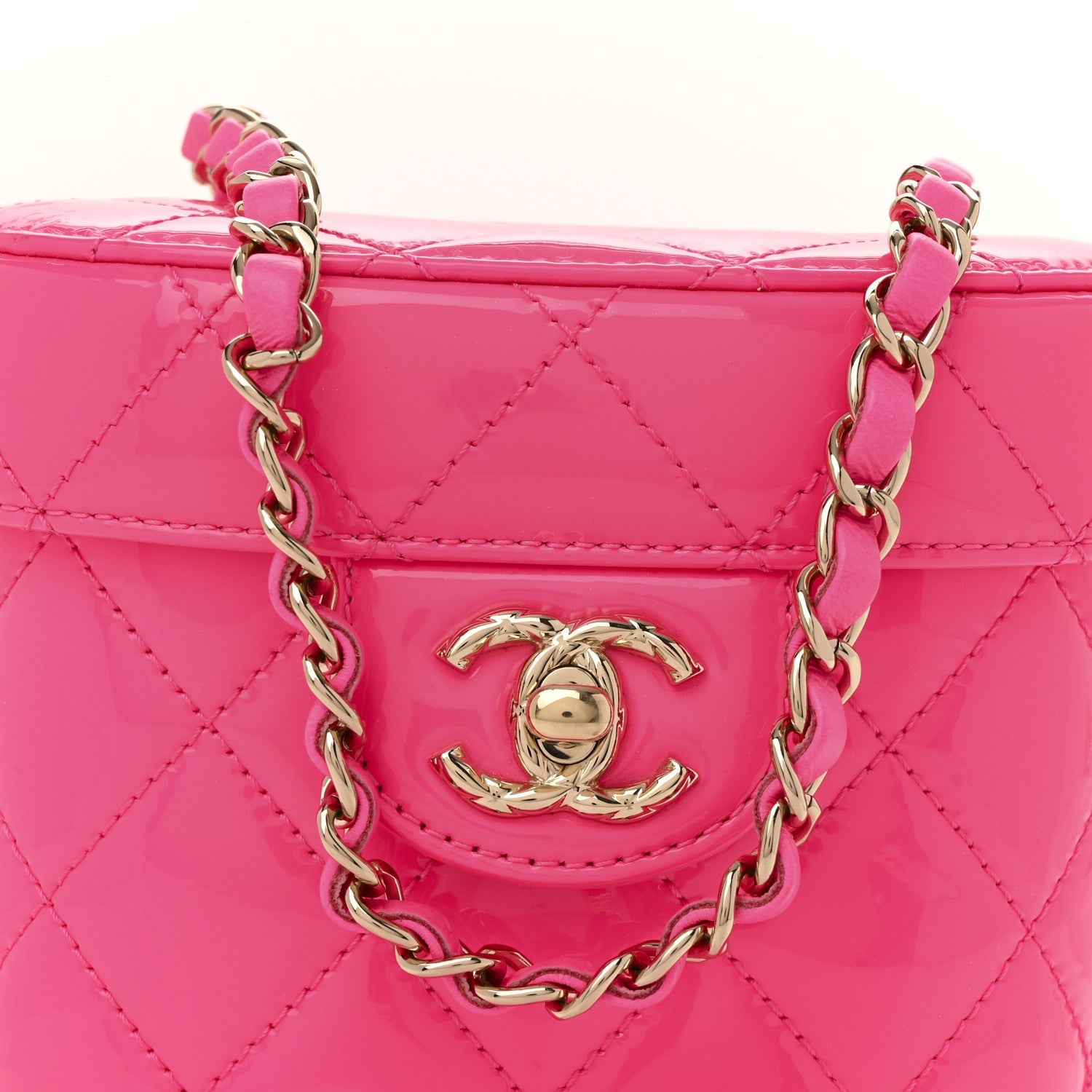 Chanel Patent Quilted CC Vani-Tea Case With Chain Neon Pink