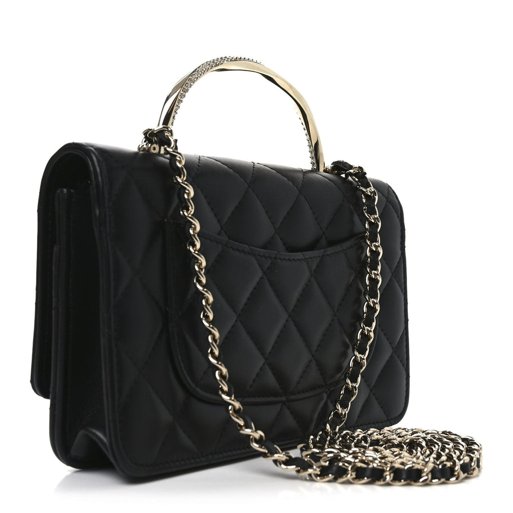 Chanel Lambskin Quilted Crystal Handle Wallet On Chain WOC Black