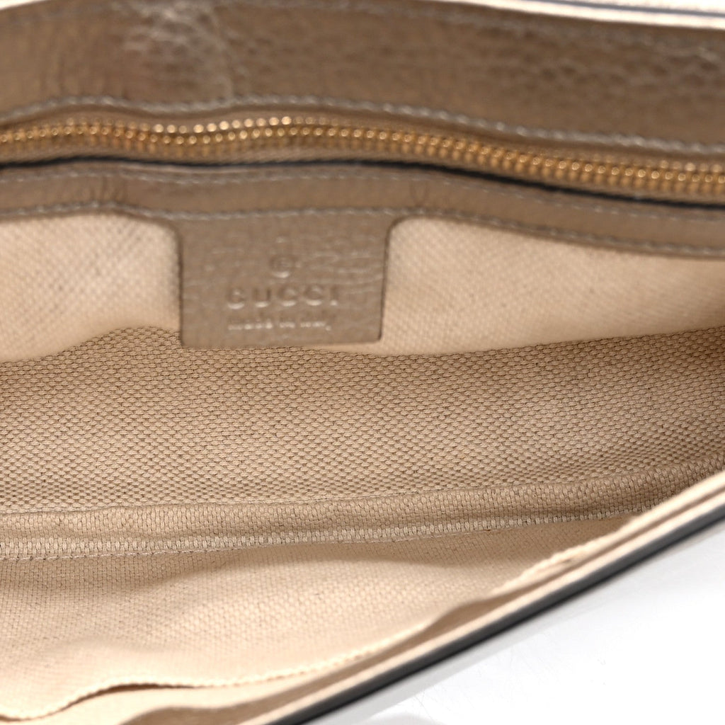 Gucci Metallic Pebbled Calfskin Medium Soho Flap Crossbody Golden Beige