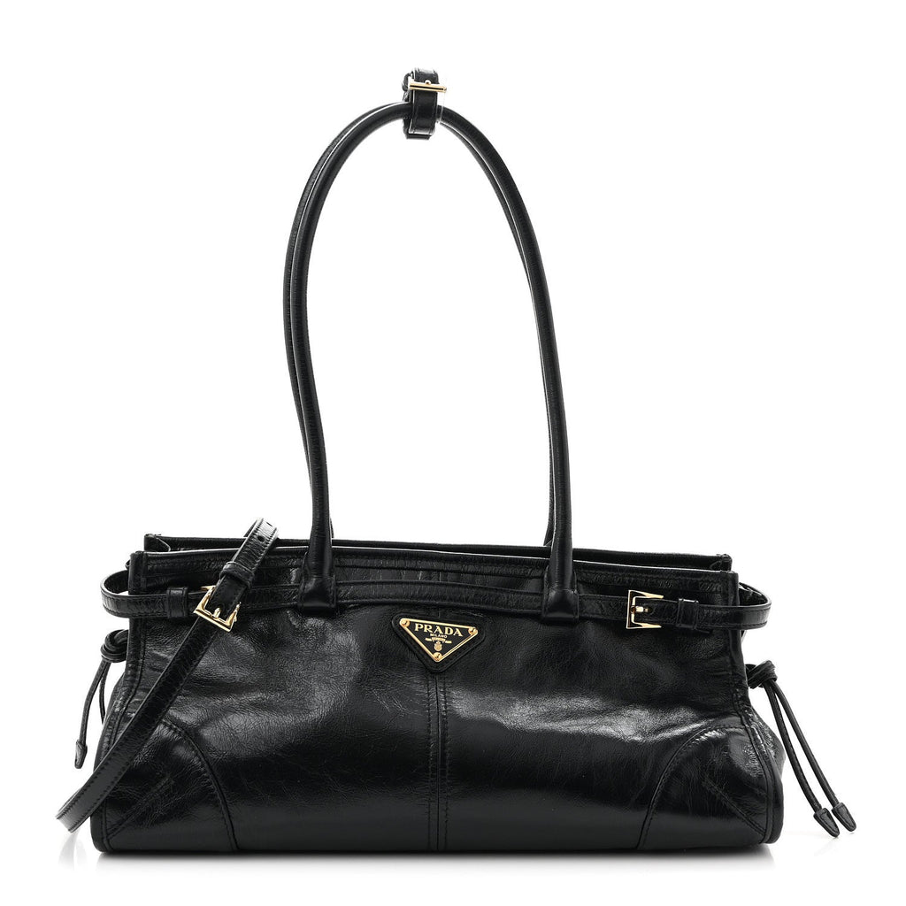 Prada Glossy Calfskin Triangle Medium Bonnie Shoulder Bag Black