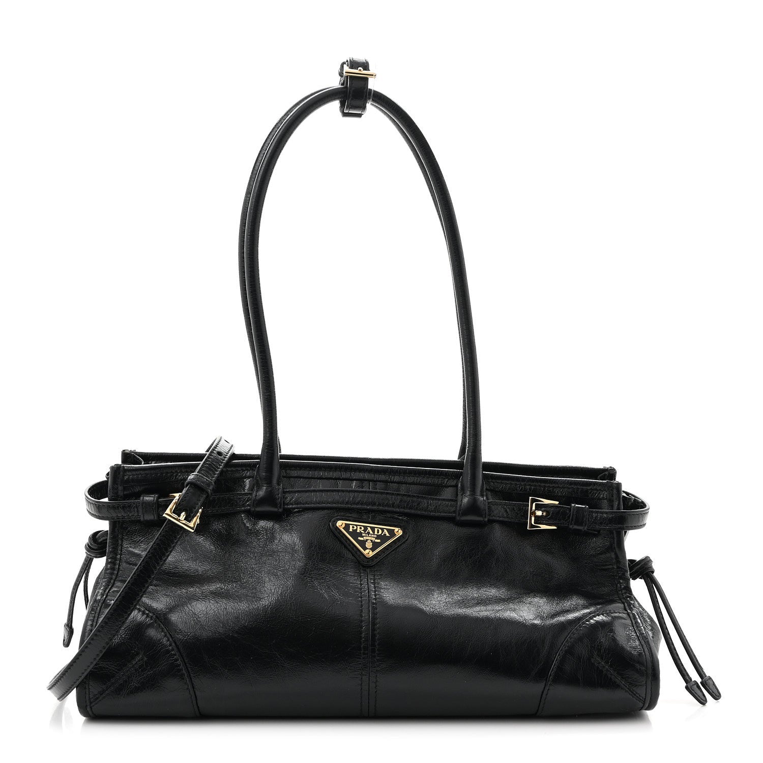 Prada Glossy Calfskin Triangle Medium Bonnie Shoulder Bag Black