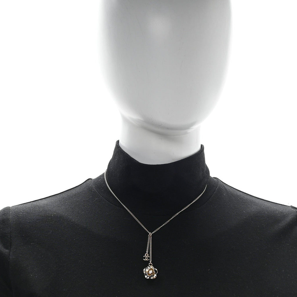 Enamel Crystal Pearl CC Camellia Drop Necklace Gold Black