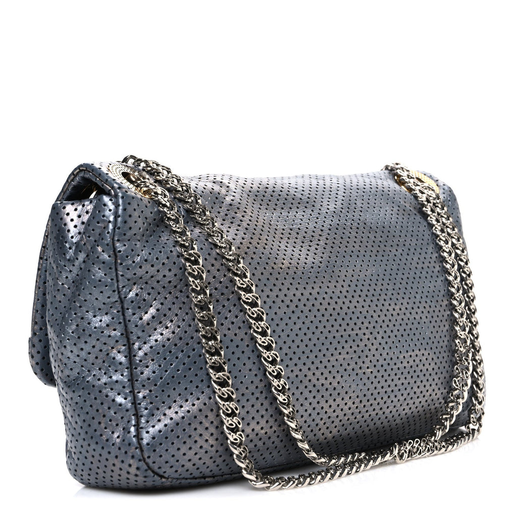Chanel Metallic Crackled Calfskin Perforated Drill Flap Silver