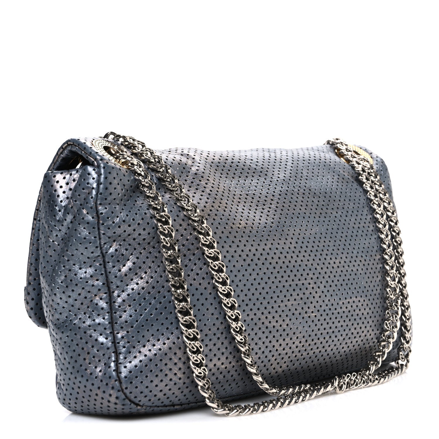 Chanel Metallic Crackled Calfskin Perforated Drill Flap Silver