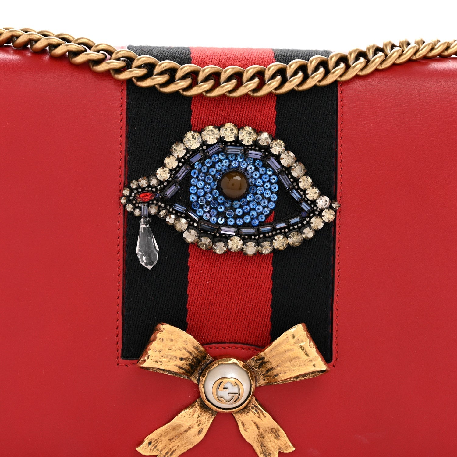 Gucci Calfskin Web Medium Peony Chain Shoulder Bag Red