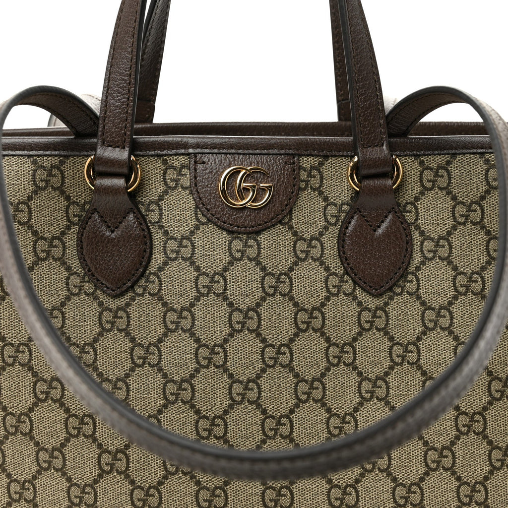 Gucci GG Supreme Monogram Textured Calfskin Small Ophidia Shoulder Tote Bag Beige Ebony New Acero