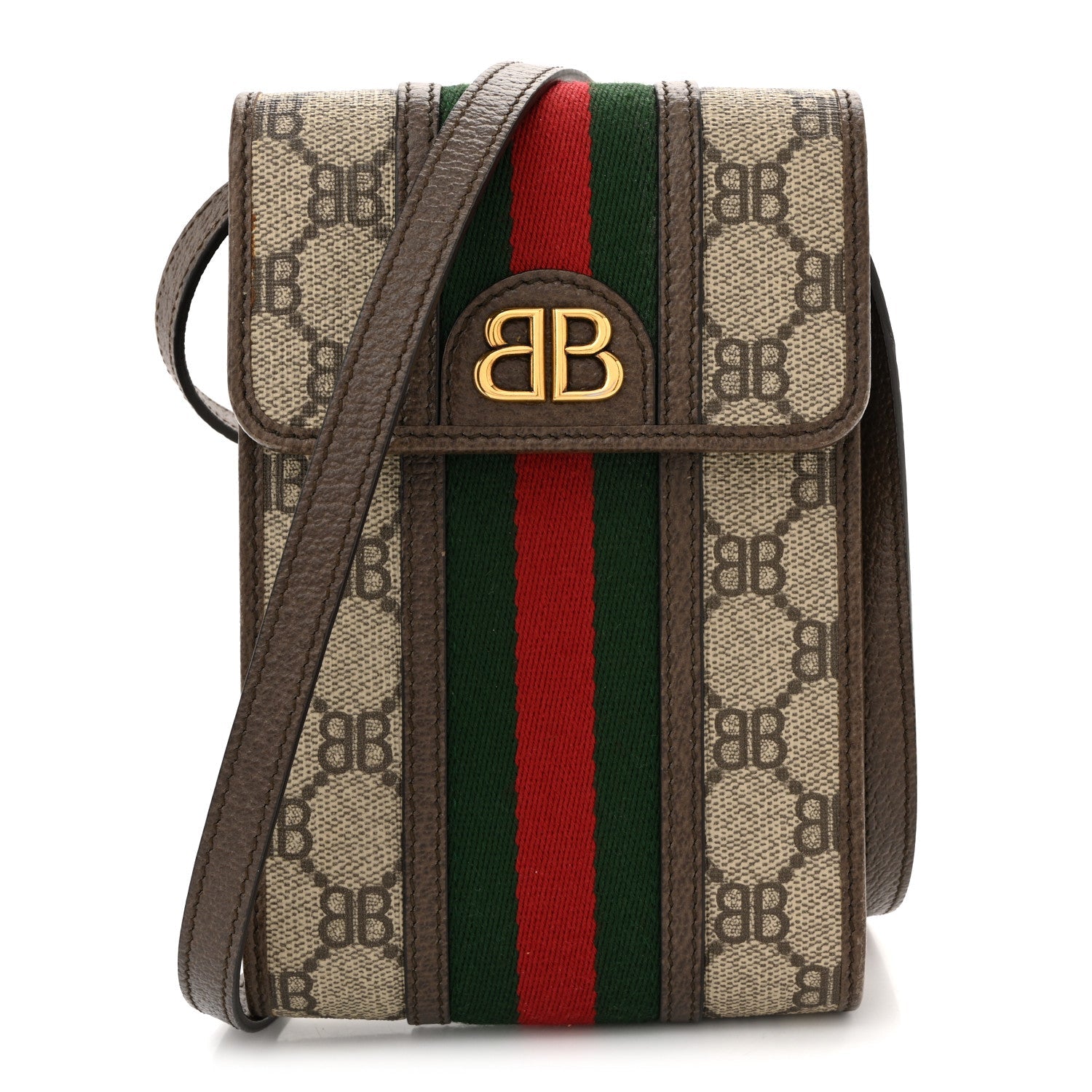 Gucci X BALENCIAGA BB Supreme Monogram Web Ophidia Phone Crossbody Bag Beige New Acero