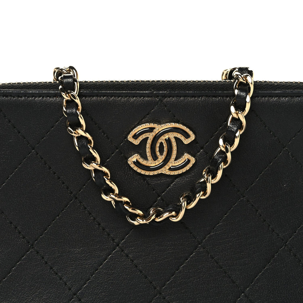 Chanel Goatskin Enamel Quilted Small Clutch With Chain Black