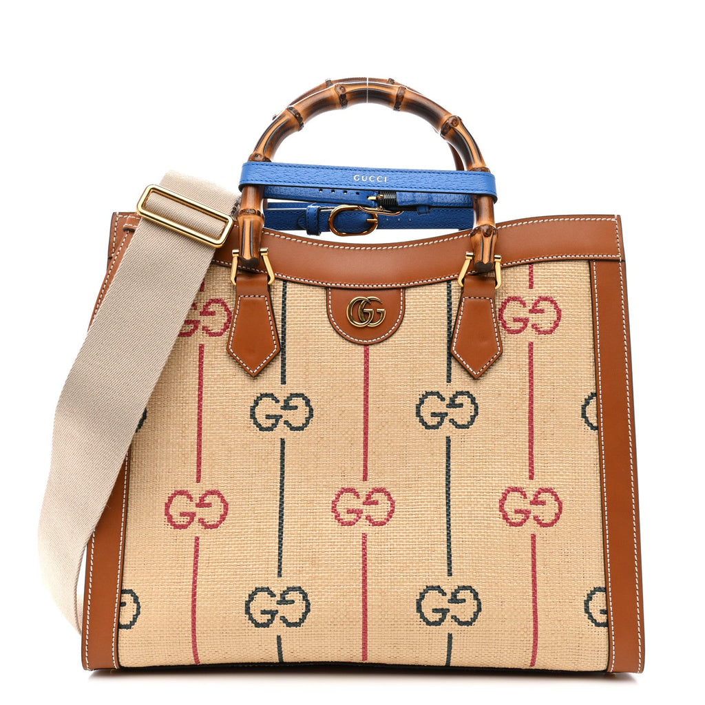 Gucci Raffia Monogram GG Jacquard Medium Diana Tote Bag Natural Red Green Modern Blue