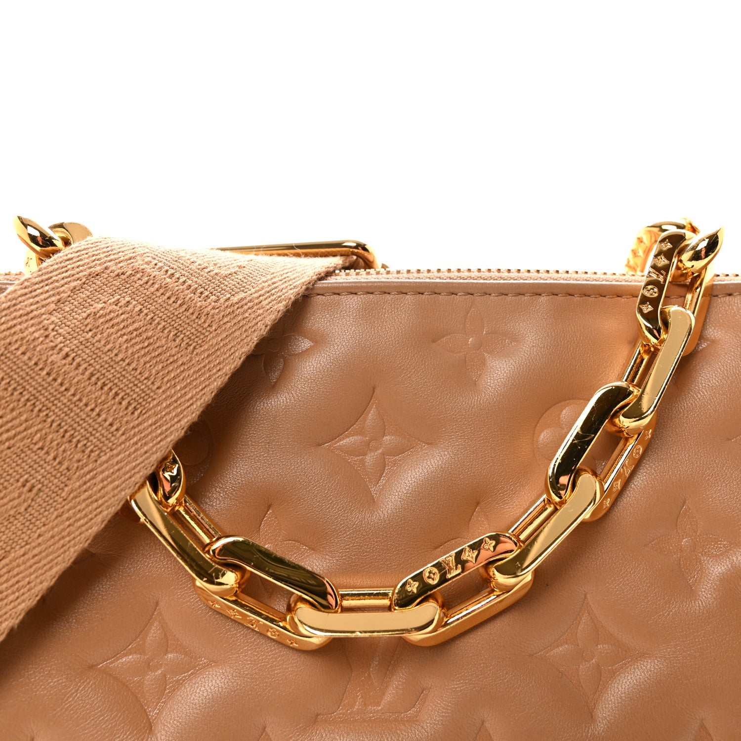 Louis Vuitton Lambskin Embossed Monogram Coussin PM Camel