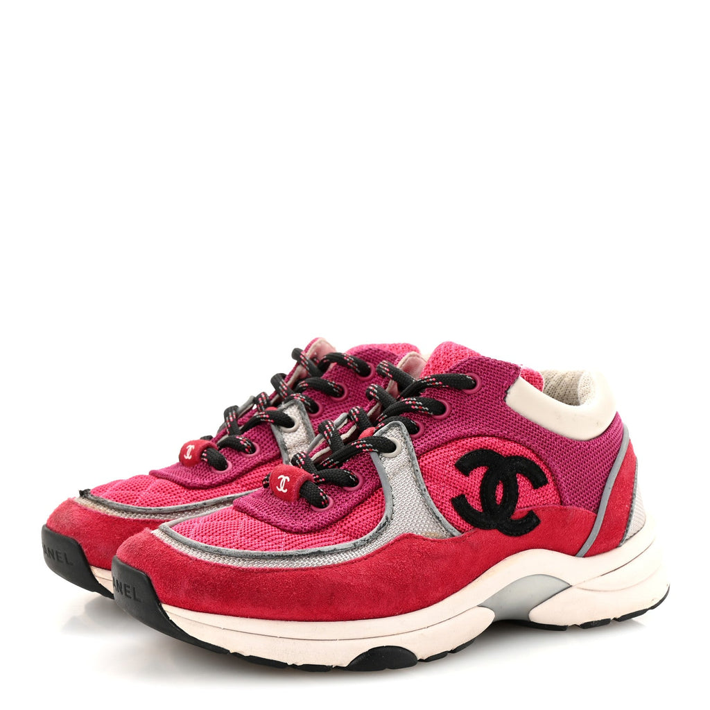 Mesh Suede Calfskin Womens CC Sneakers 35 Dark Pink Silver
