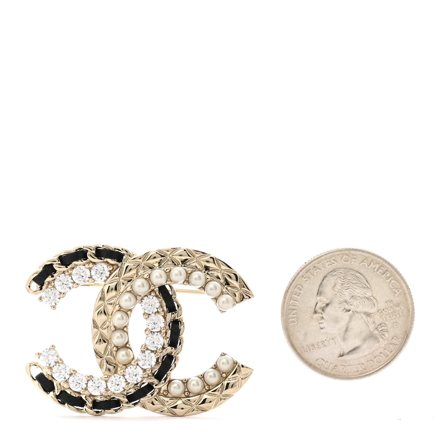 Lambskin Pearl Crystal Quilted CC Brooch Black Gold