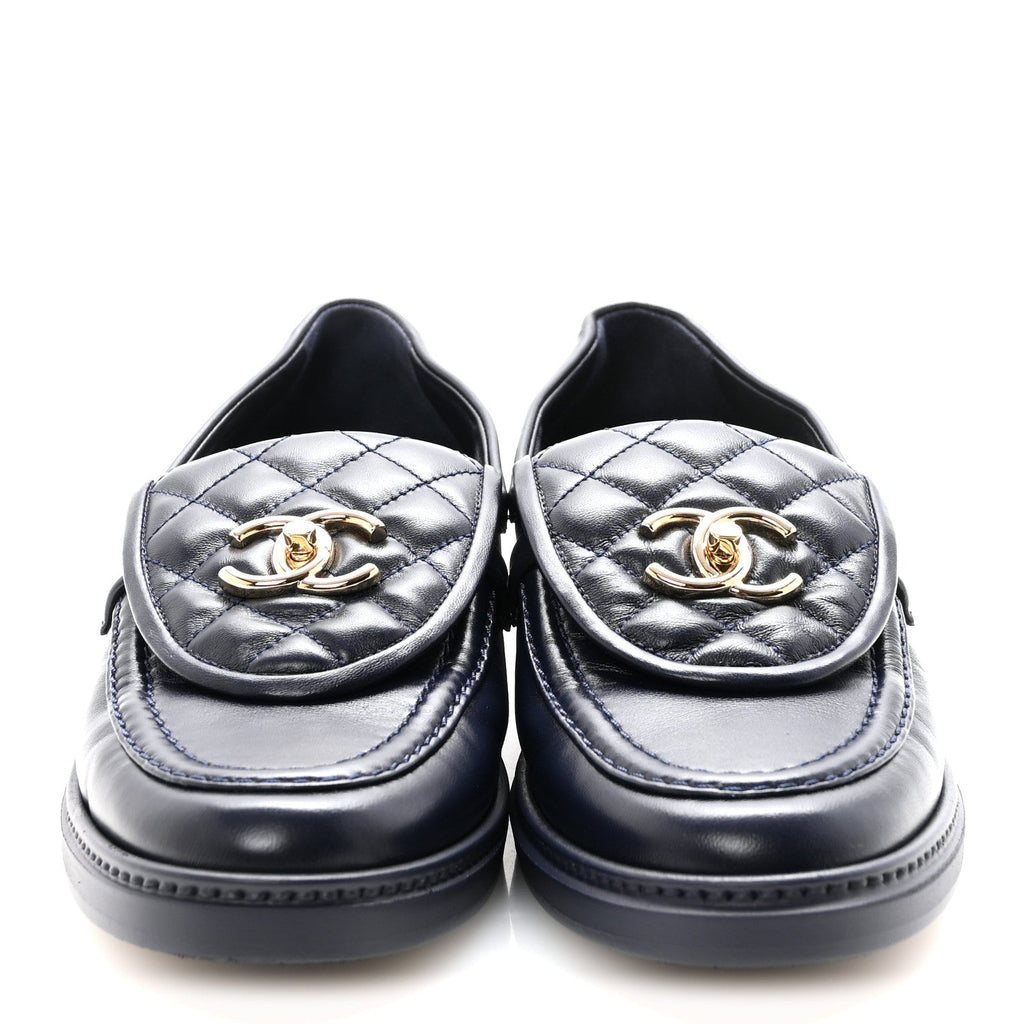 Lambskin Quilted CC Turnlock Loafers 38.5 Navy