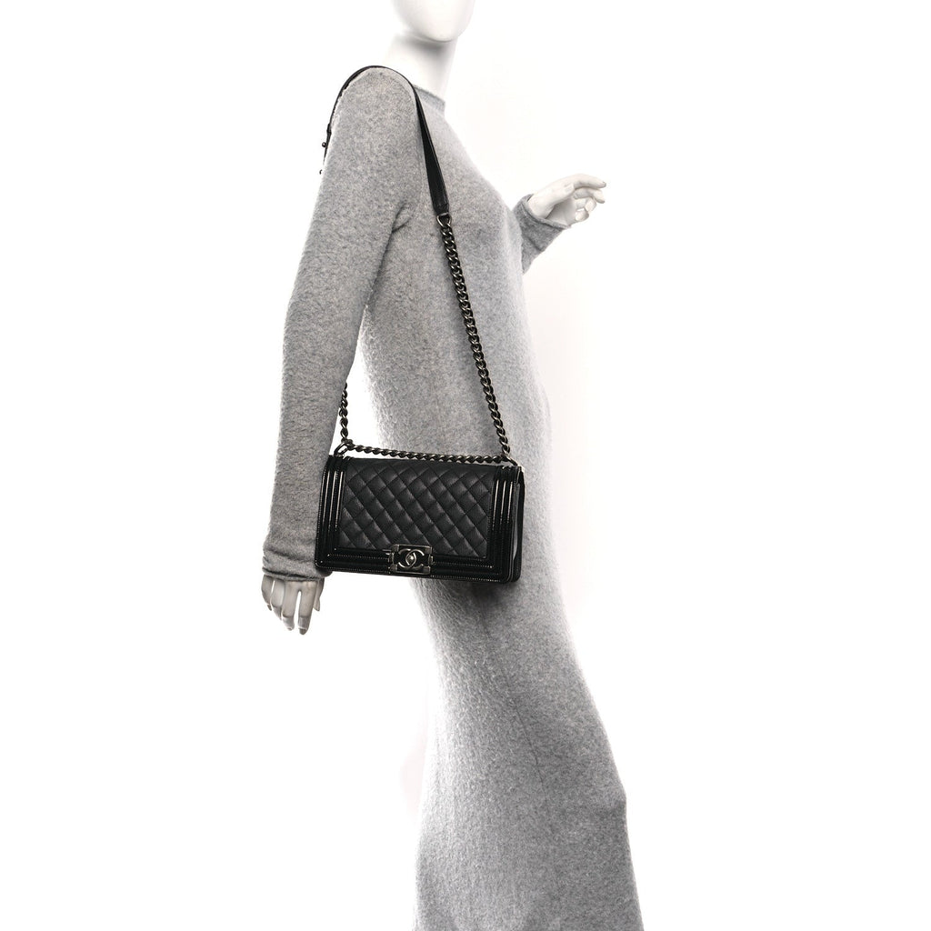 Chanel Goatskin Quilted Patent Medium Duo Boy Flap Black