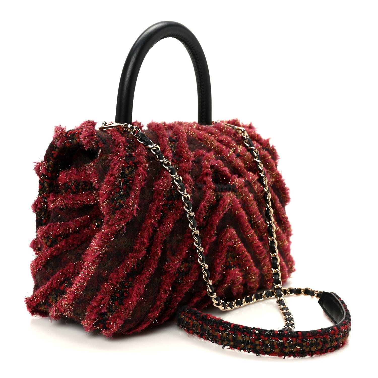 Chanel Tweed Fringe Mini Coco Handle Flap Red Black