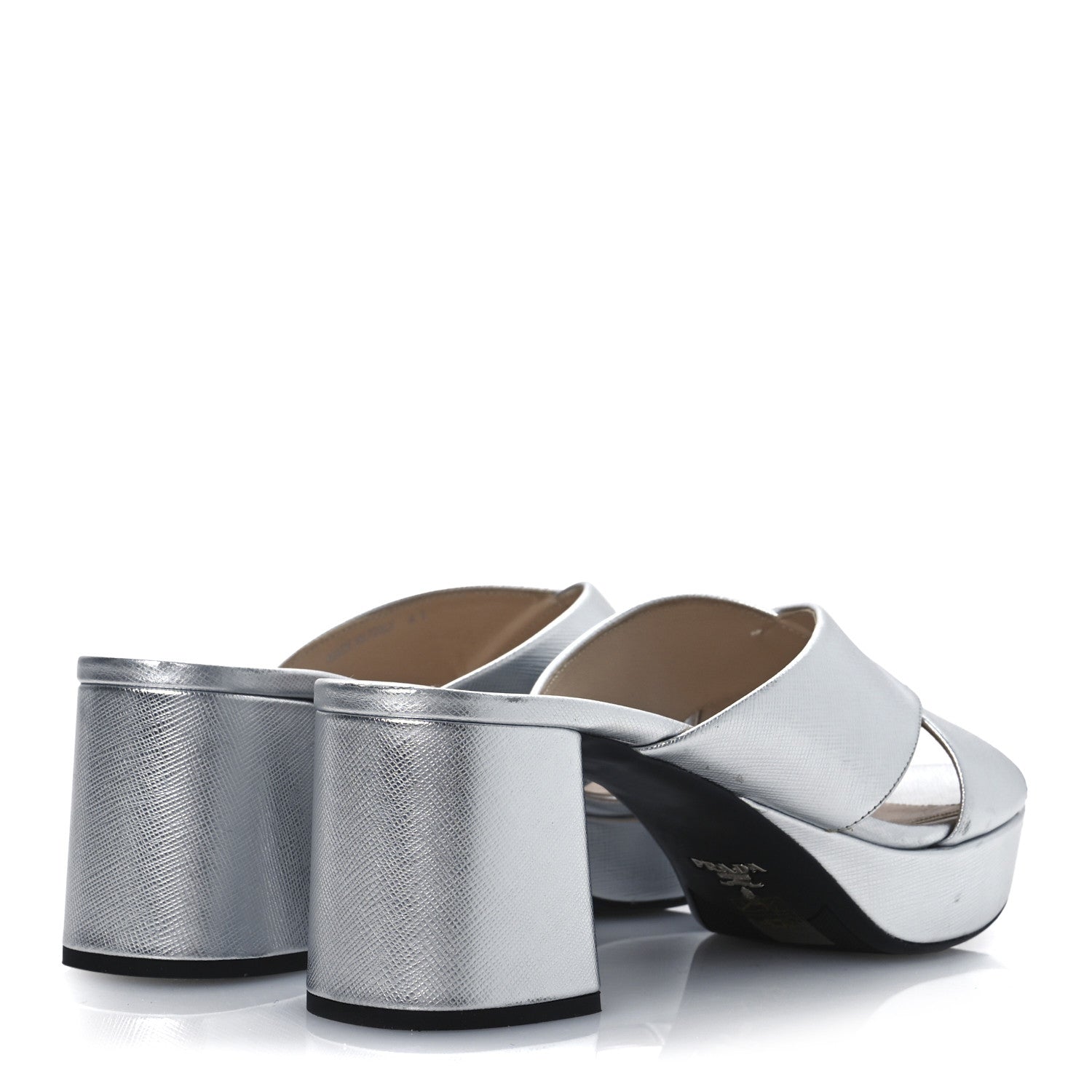 Prada Metallic Saffiano Crisscross Platform Sandals 41 Silver