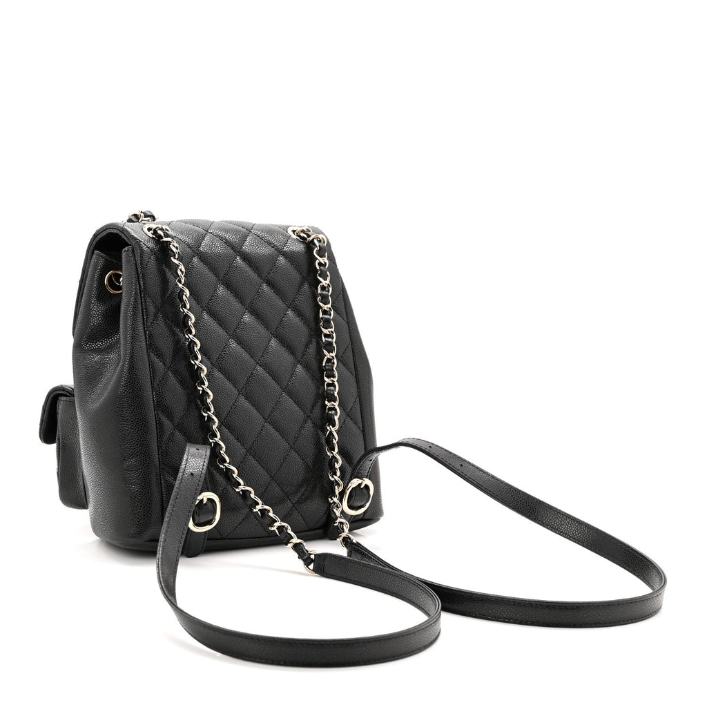 Chanel Shiny Caviar Quilted Medium Duma Pockets Drawstring Backpack Black