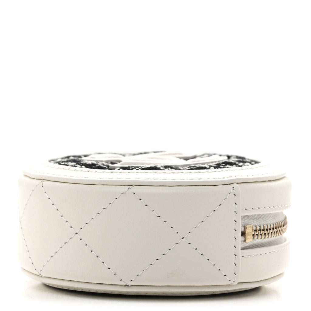 Chanel Tweed Quilted Round Filigree Pouch With Chain White Black