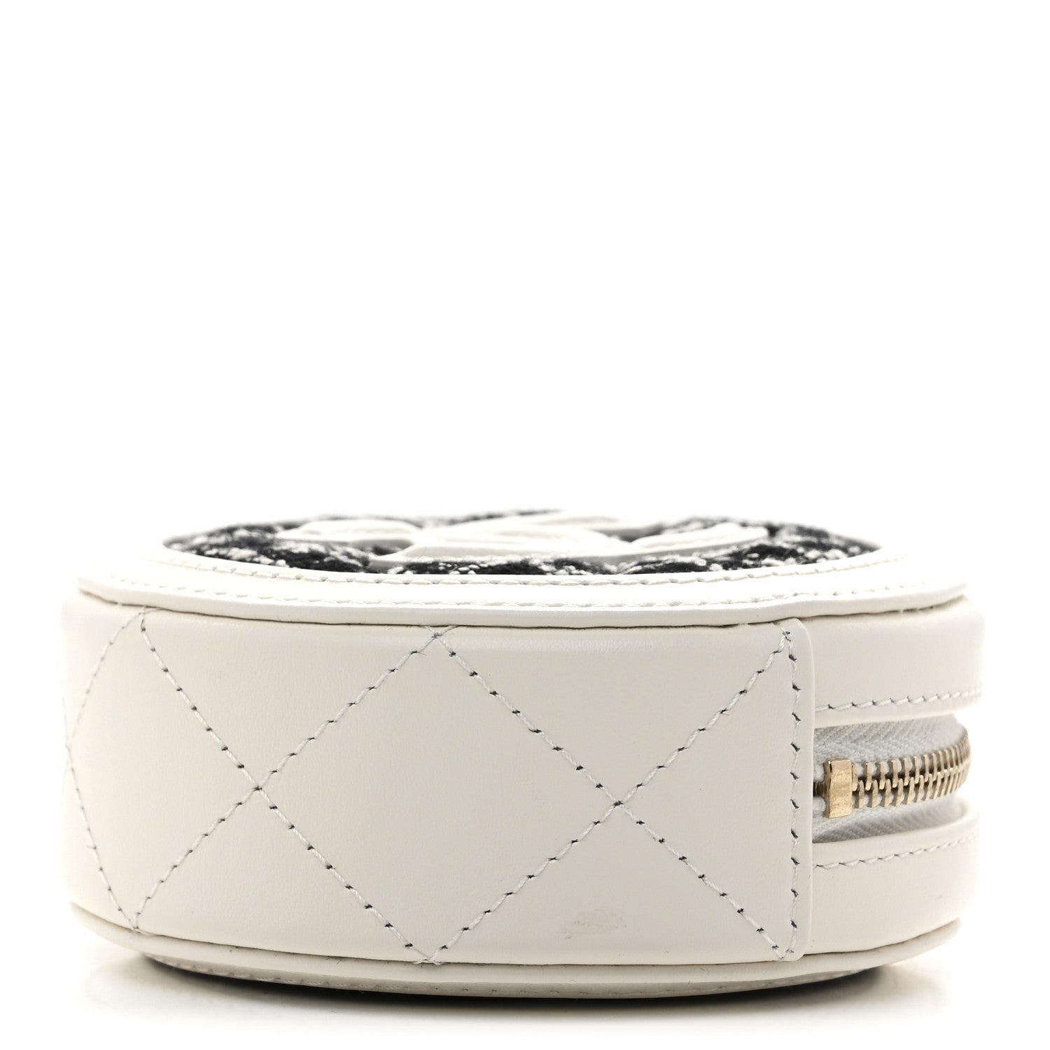 Chanel Tweed Quilted Round Filigree Pouch With Chain White Black
