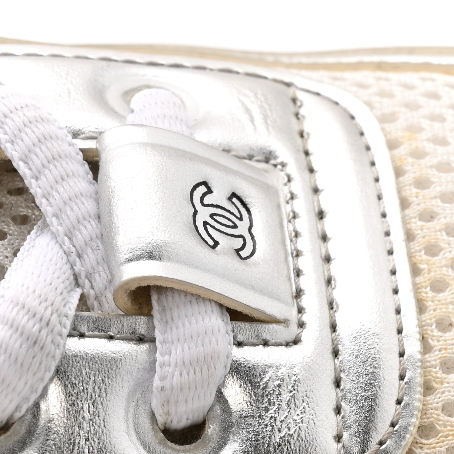 Fabric Laminated Calfskin Stretch CC Womens Sneakers 36 White Silver