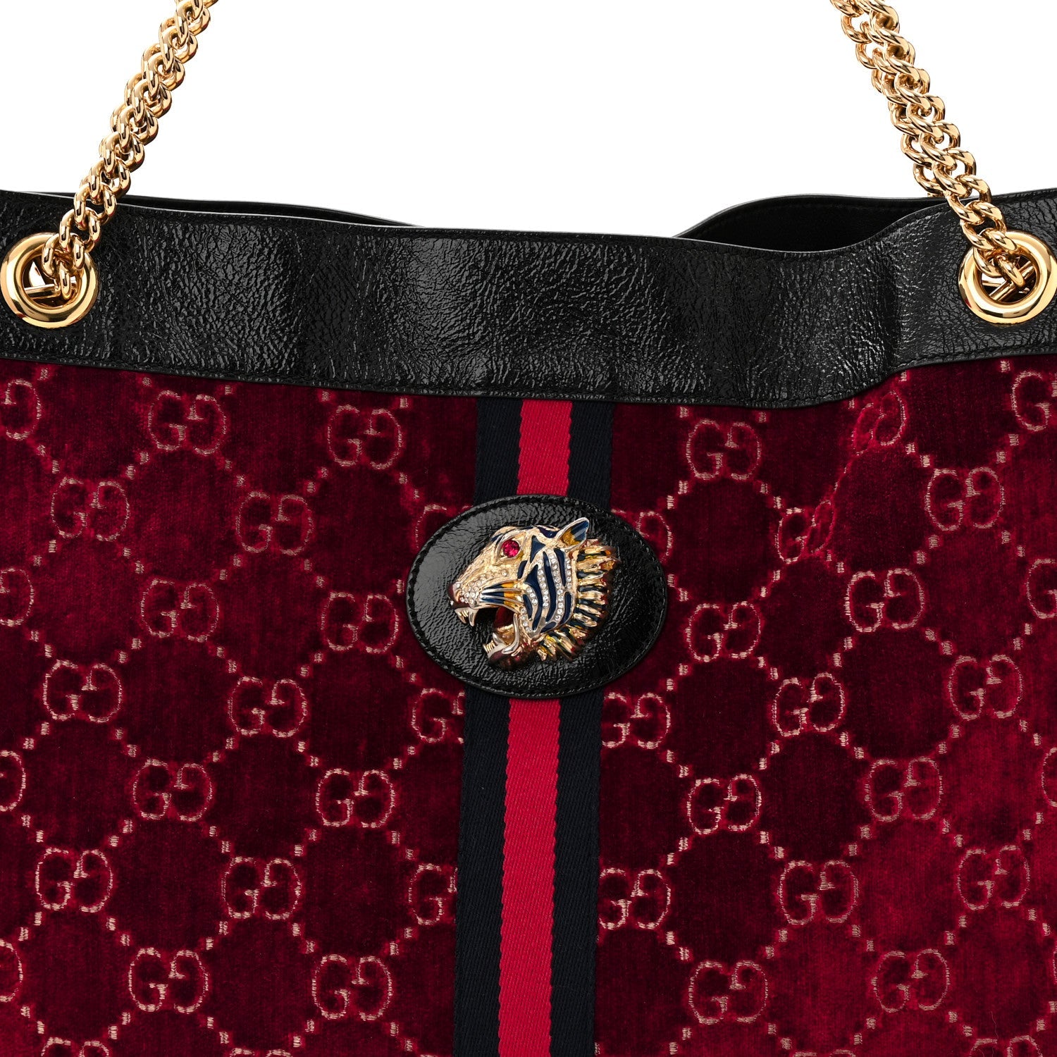 Gucci Velvet GG Monogram Large Rajah Chain Tote Red Cipria Black