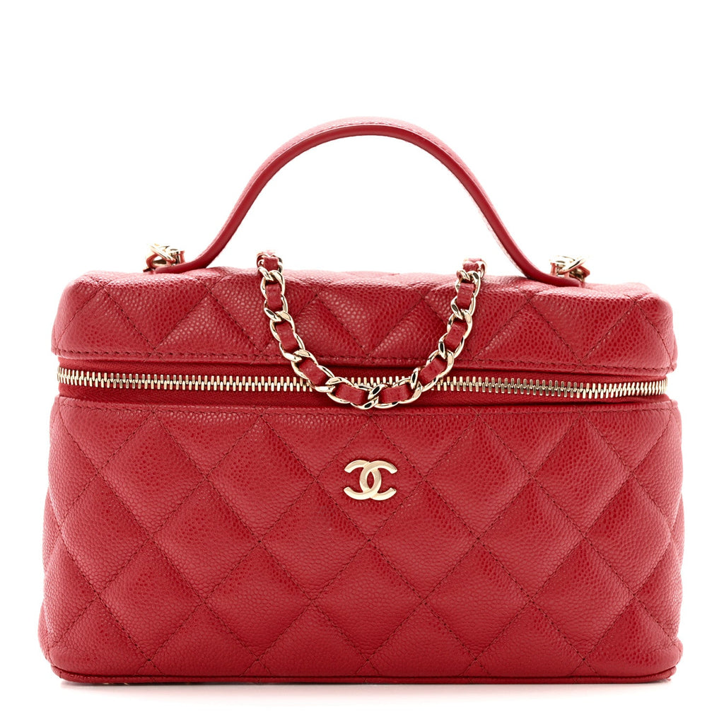 Chanel Caviar Quilted Top Handle Slim Vanity With Chain Red