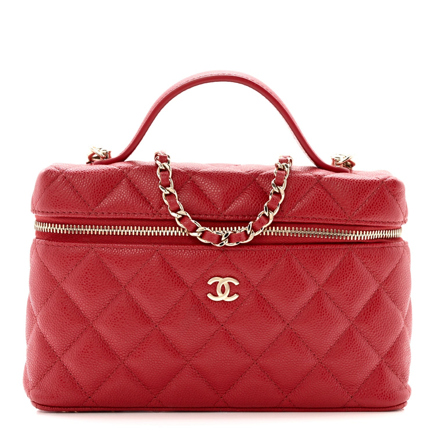 Chanel Caviar Quilted Top Handle Slim Vanity With Chain Red