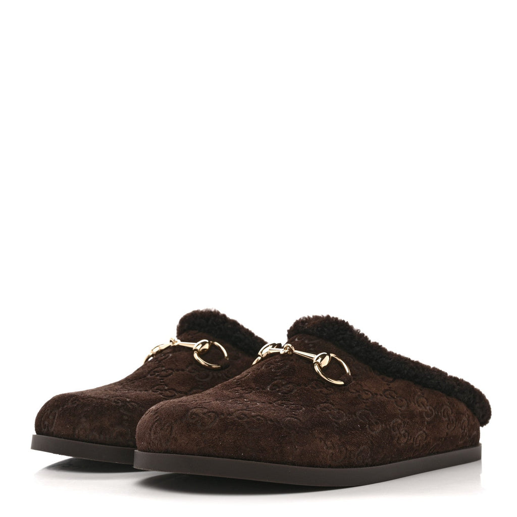 Gucci Suede GG Debossed Shearling Womens Horsebit Mules 36 Dark Brown