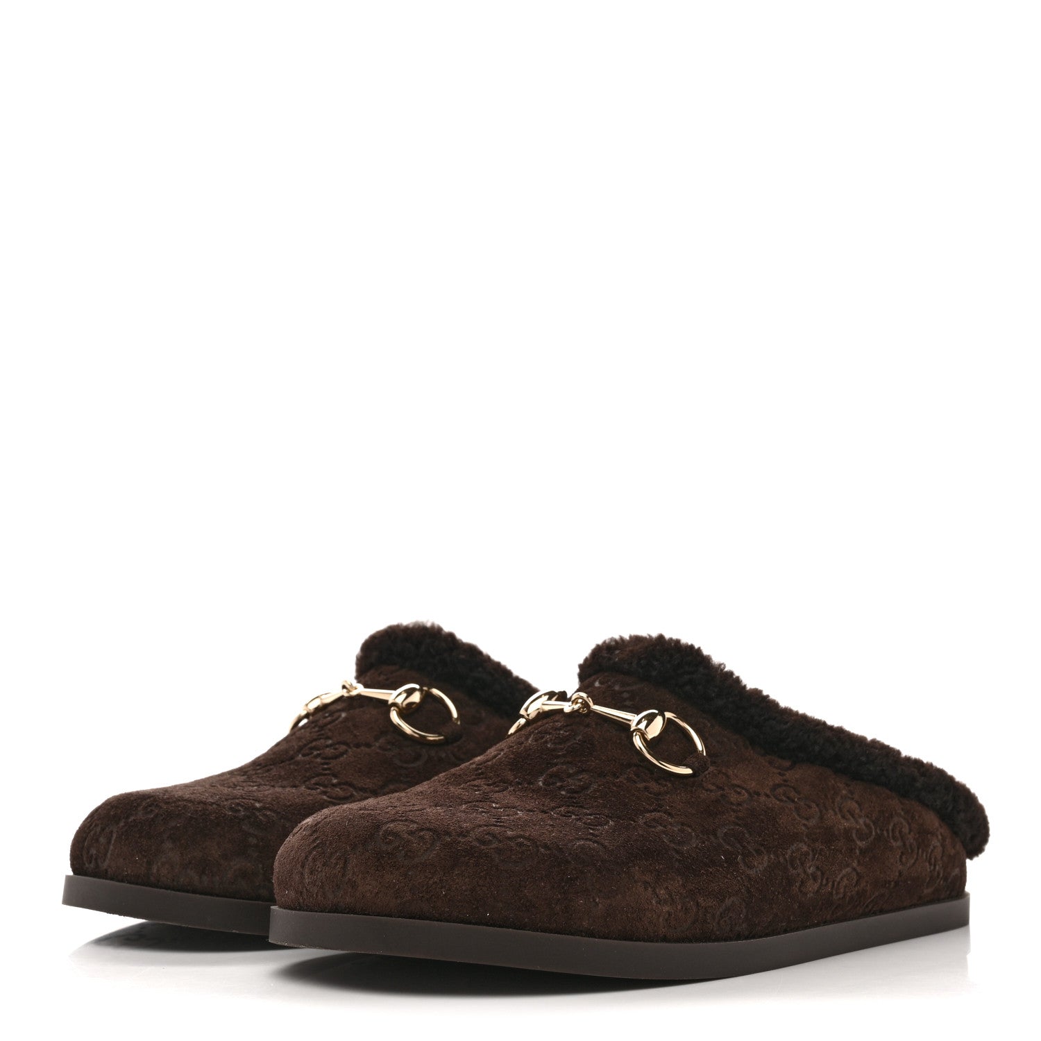 Gucci Suede GG Debossed Shearling Womens Horsebit Mules 36 Dark Brown