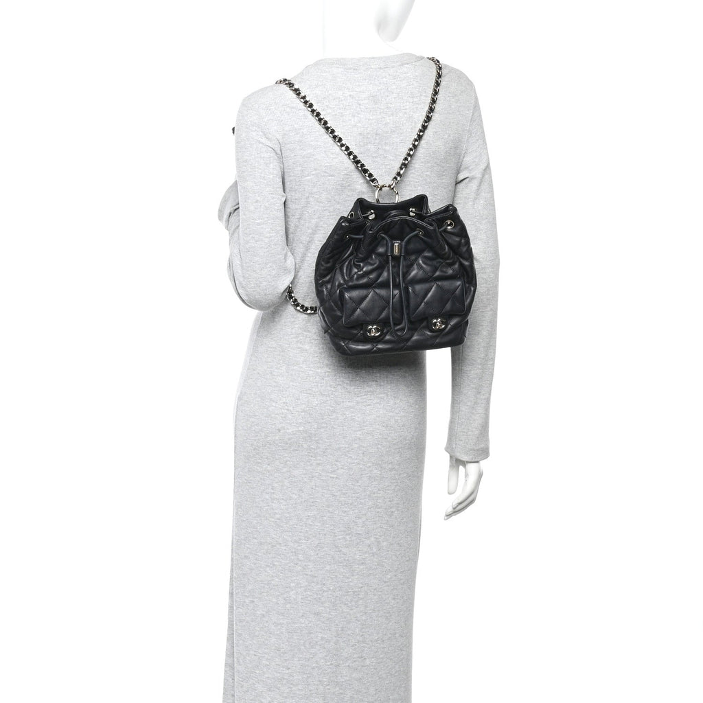 Chanel Lambskin Quilted Double Pocket Drawstring Backpack Black