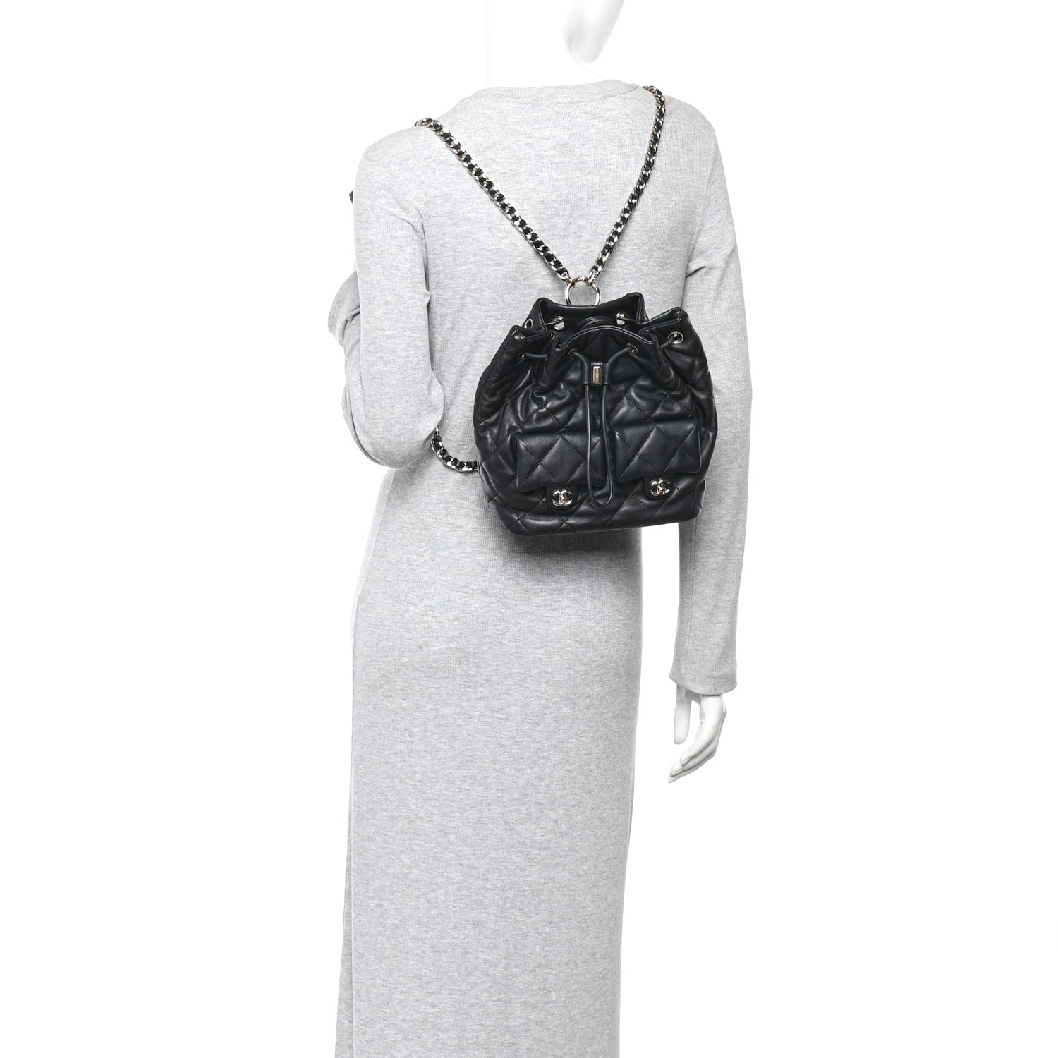 Chanel Lambskin Quilted Double Pocket Drawstring Backpack Black