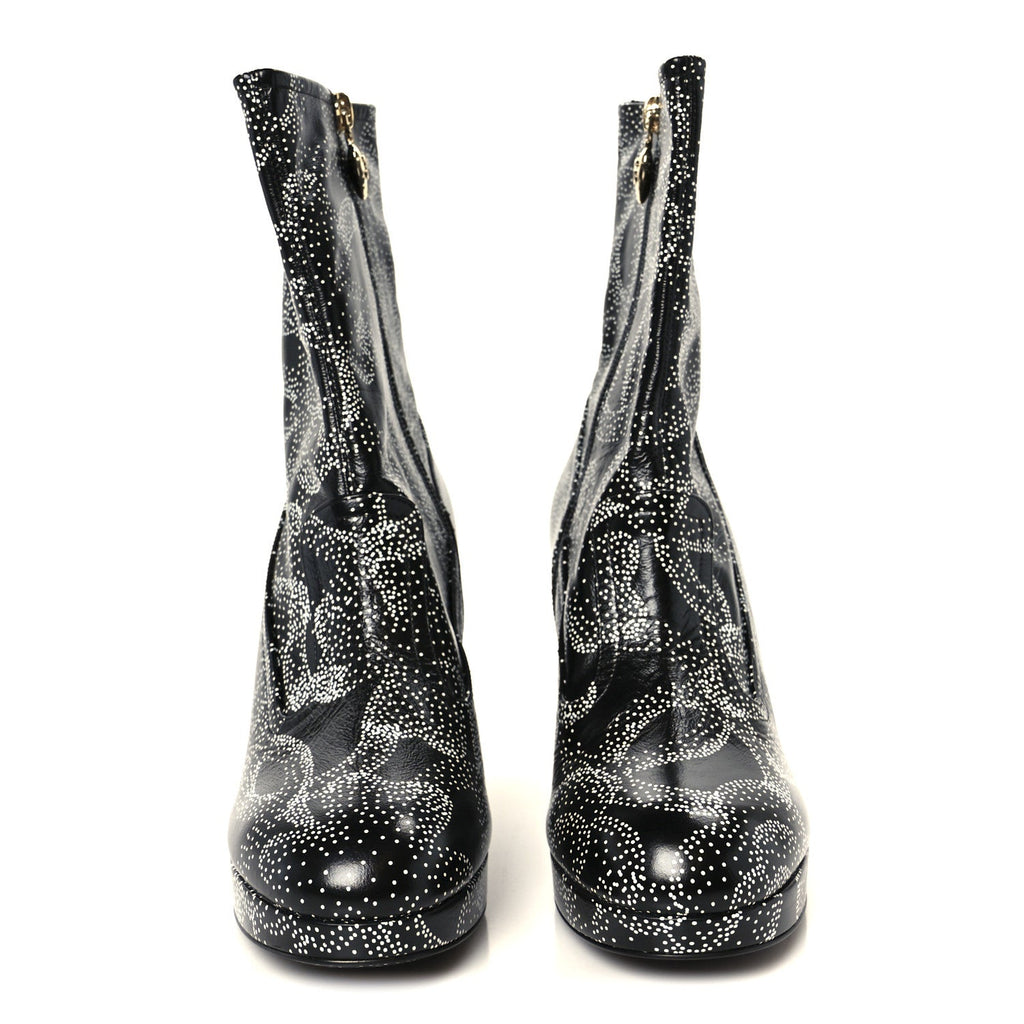 Calfskin Camellia Printed Ankle Boots 39 Black White