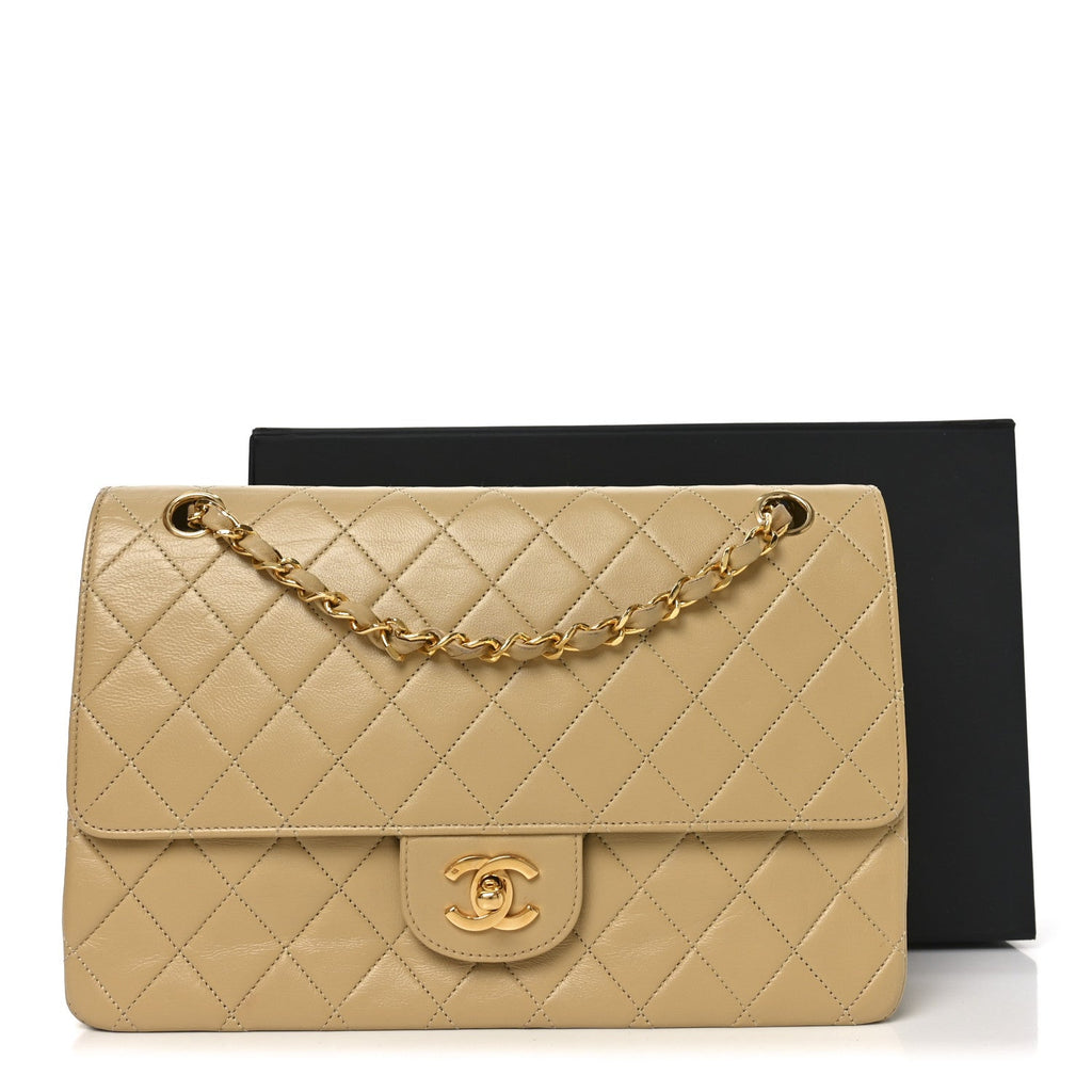 Chanel Lambskin Quilted Medium Double Flap Beige