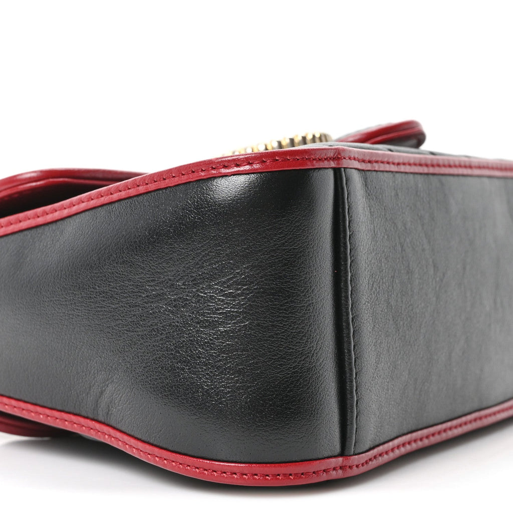 Gucci Vintage Effect Calfskin Matelasse Diagonal Mini Torchon GG Marmont Top Handle Shoulder Bag Black Romantic Cherry