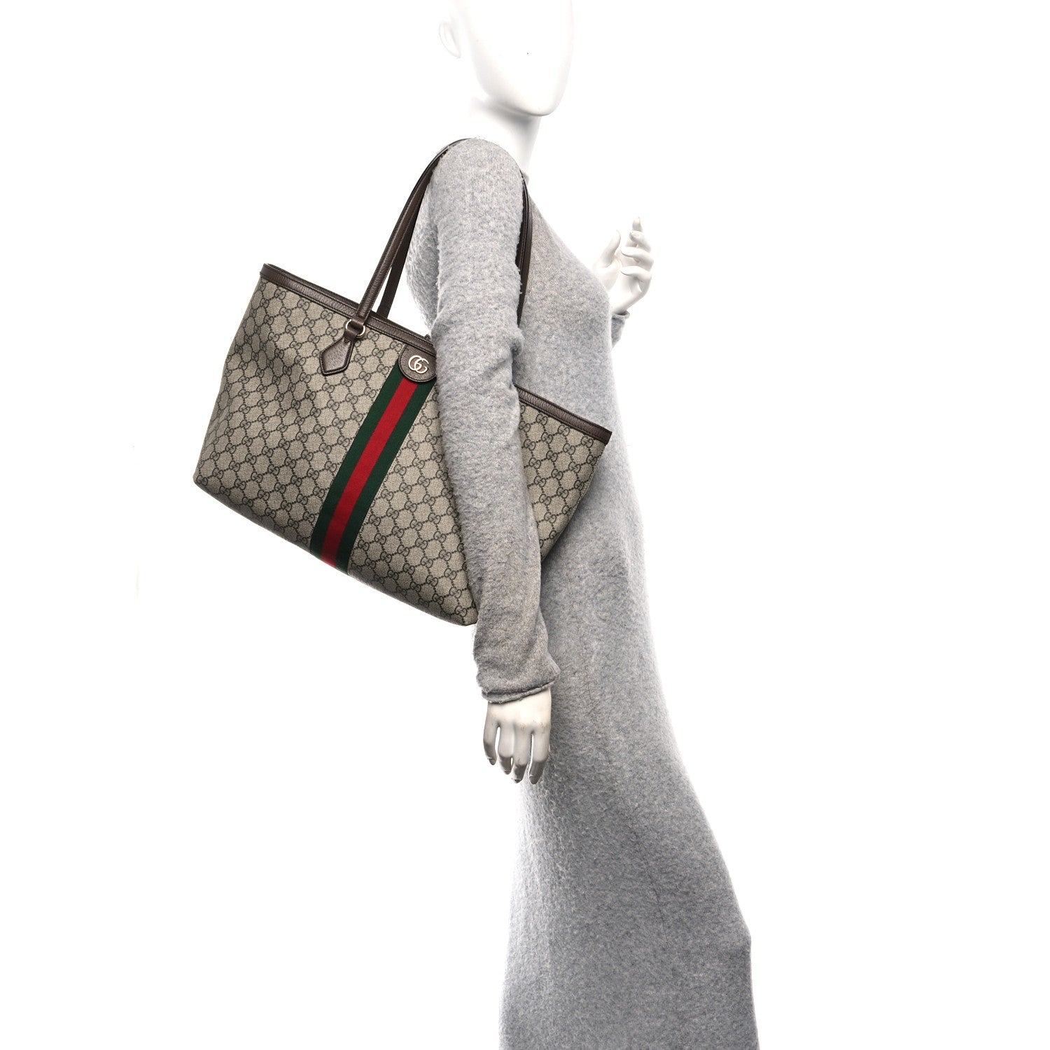 Gucci GG Supreme Monogram Textured Calfskin Web Medium Ophidia Shopping Tote Beige Ebony New Acero