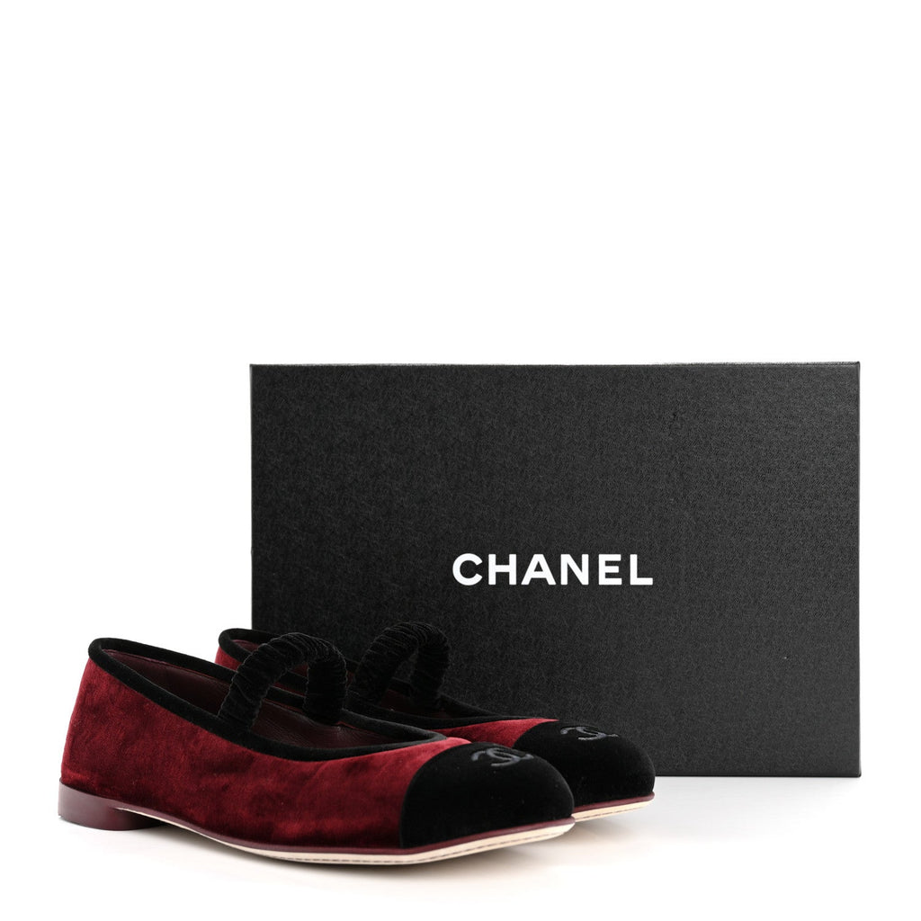Chanel Velvet Mary Jane Flats 38 Burgundy Black