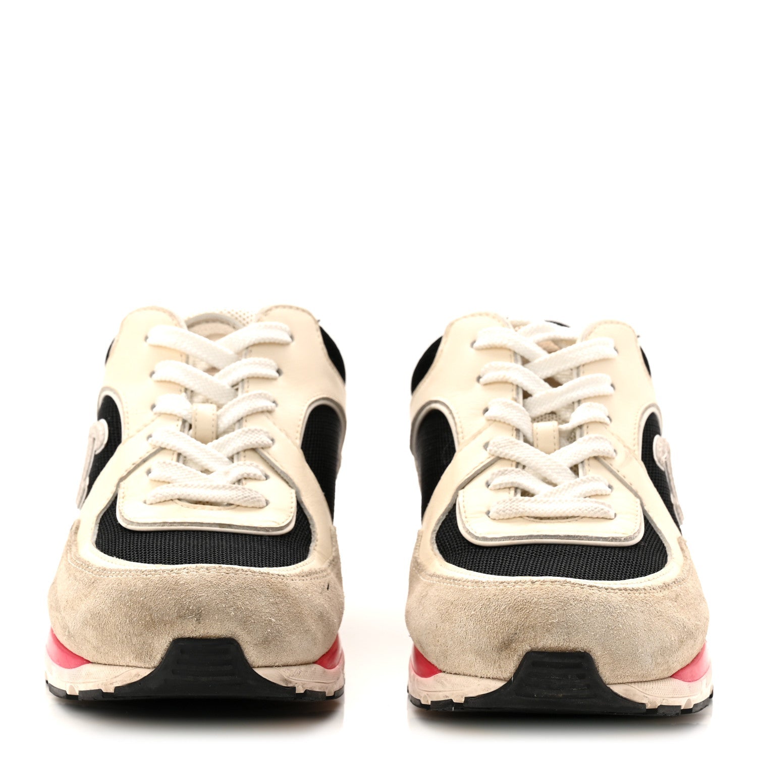 Mesh Suede Calfskin Grained Calfskin Womens CC Sneakers 38.5 White Black Pink