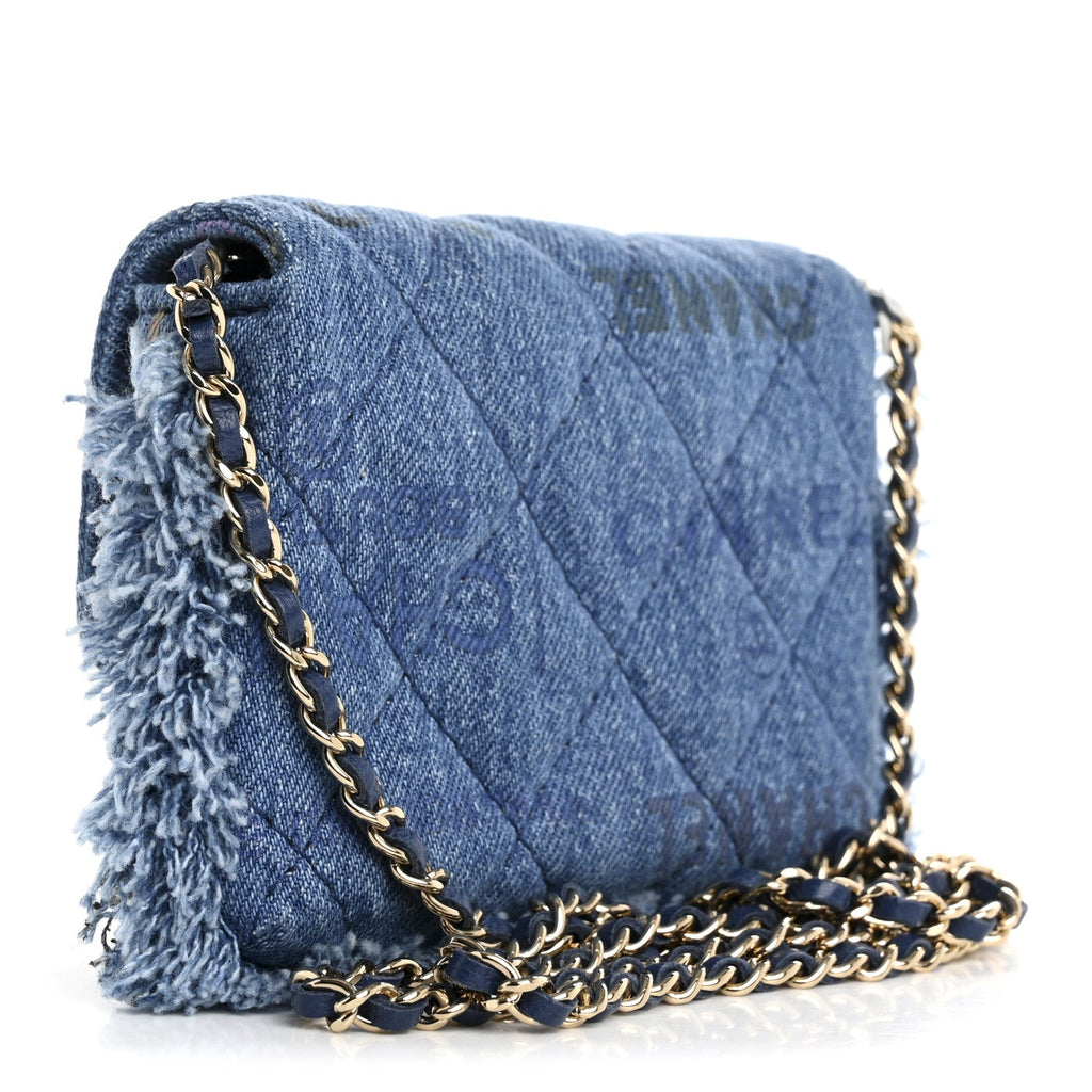 Chanel Denim Quilted Denim Mood Clutch With Chain Blue Multicolor