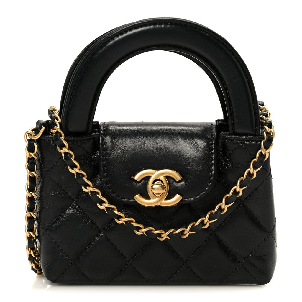 Chanel Shiny Aged Calfskin Quilted Mini Nano Kelly Shopper Black