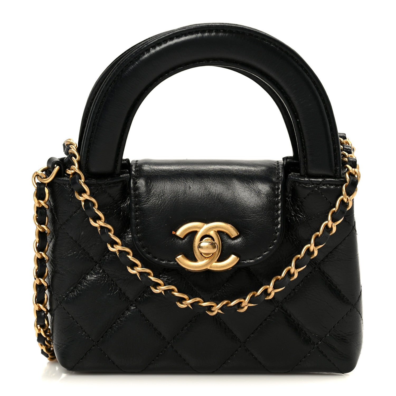 Chanel Shiny Aged Calfskin Quilted Mini Nano Kelly Shopper Black