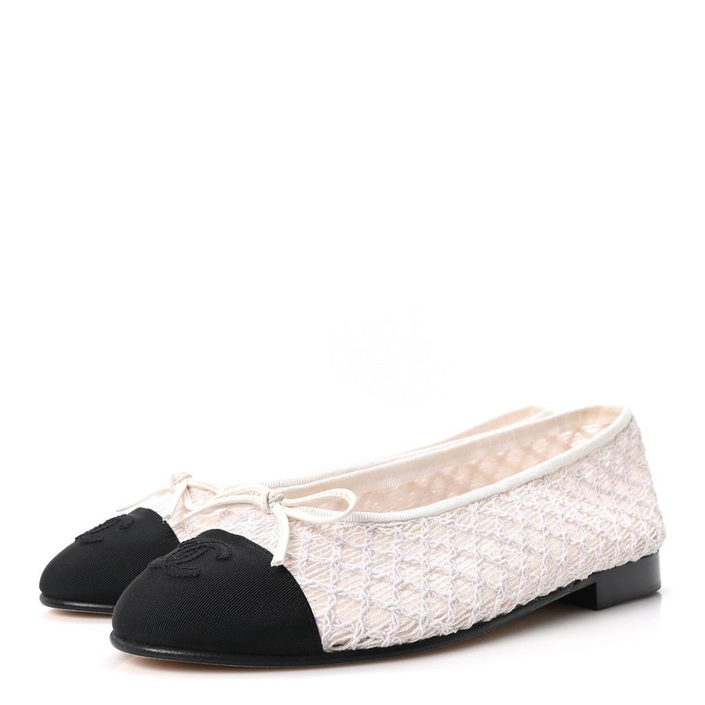Mesh Crochet Grosgrain Cap Toe Ballerina Flats 36 White Black