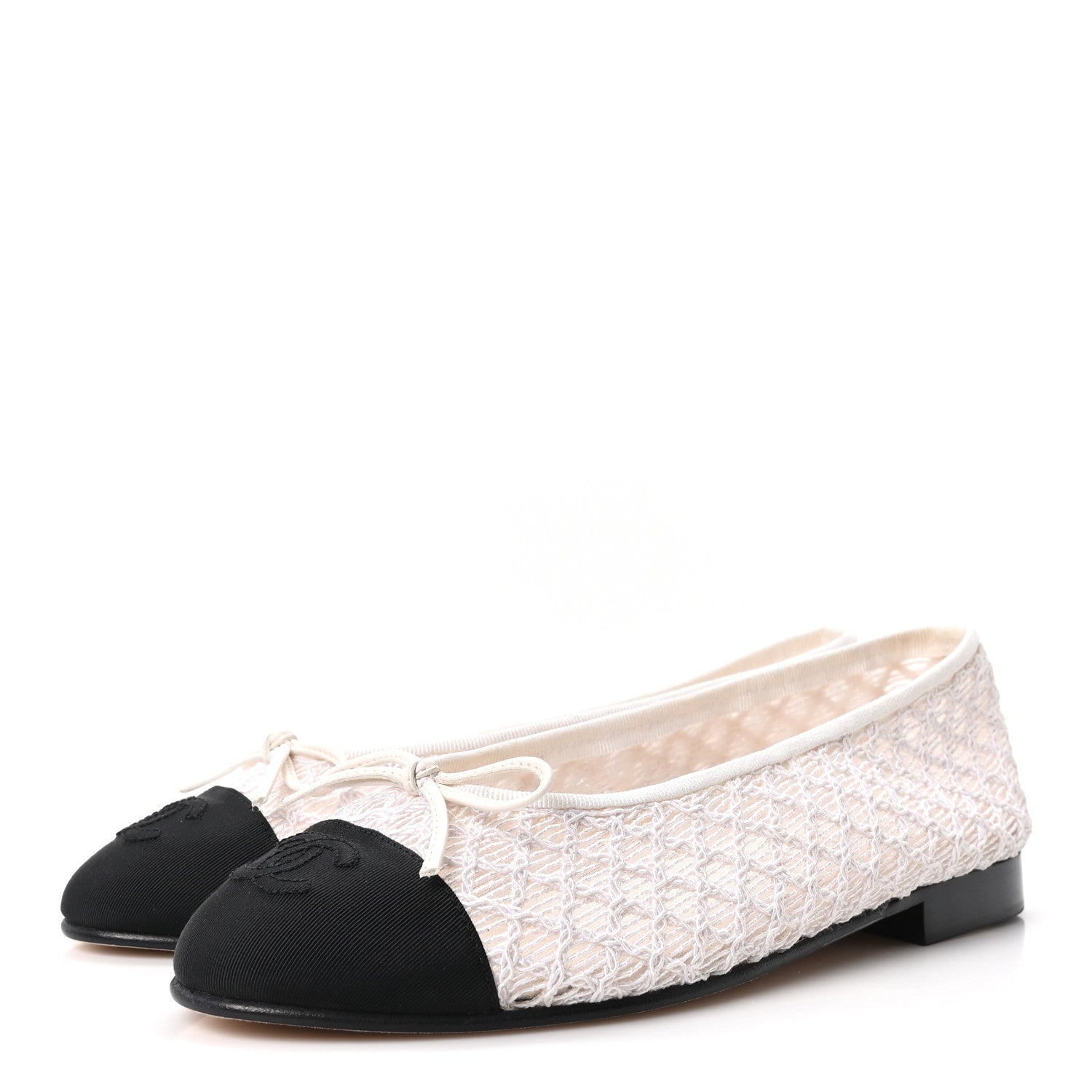 Mesh Crochet Grosgrain Cap Toe Ballerina Flats 36 White Black