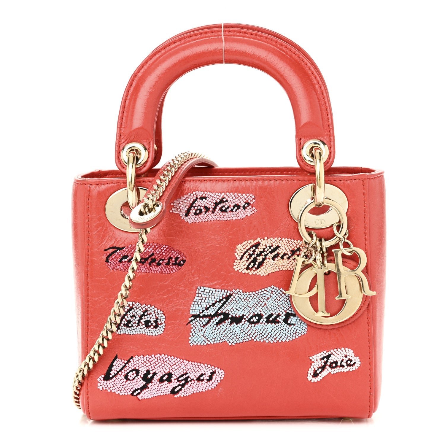 Christian Dior Calfskin Beaded Mini Lady Dior Rouge Multicolor