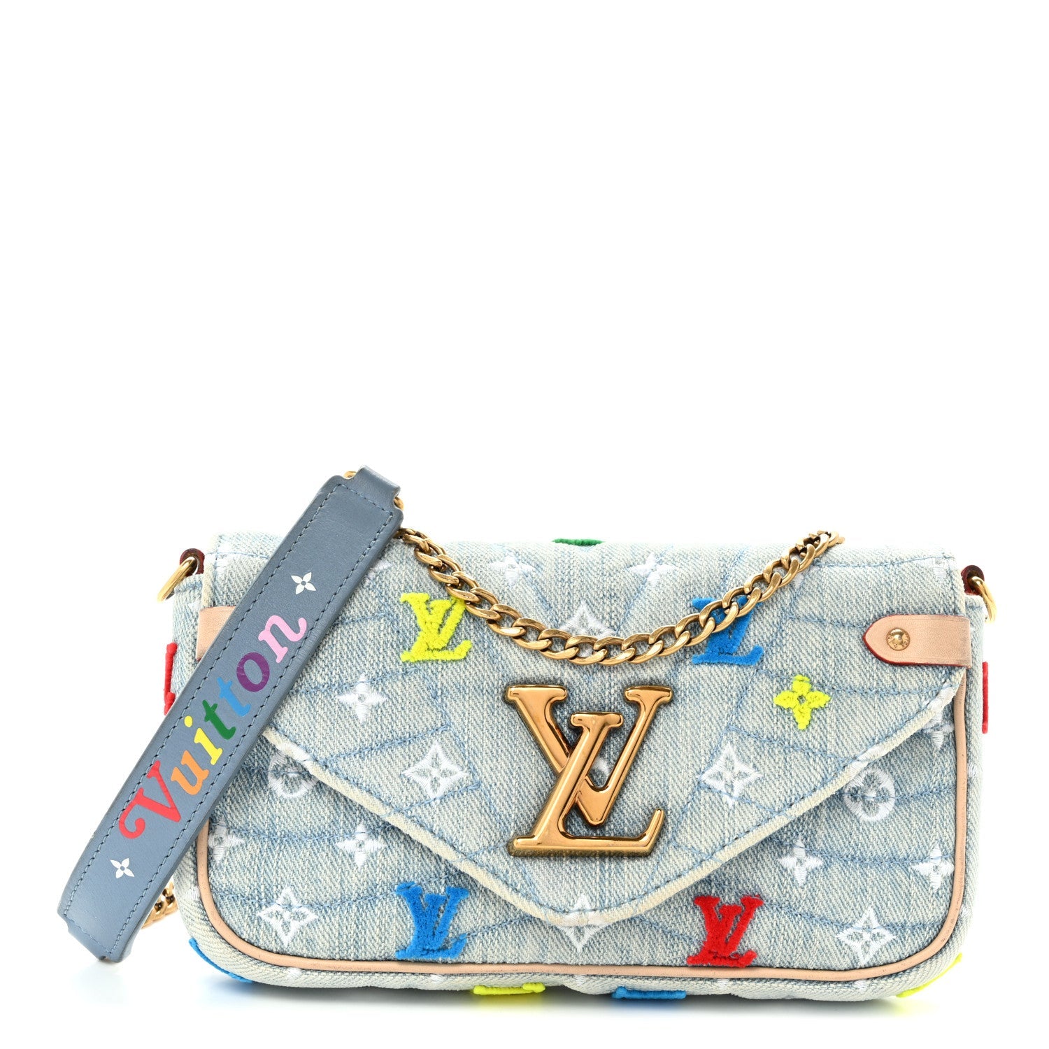 Louis Vuitton Embroidered Monogram Denim New Wave Chain Pochette Blue