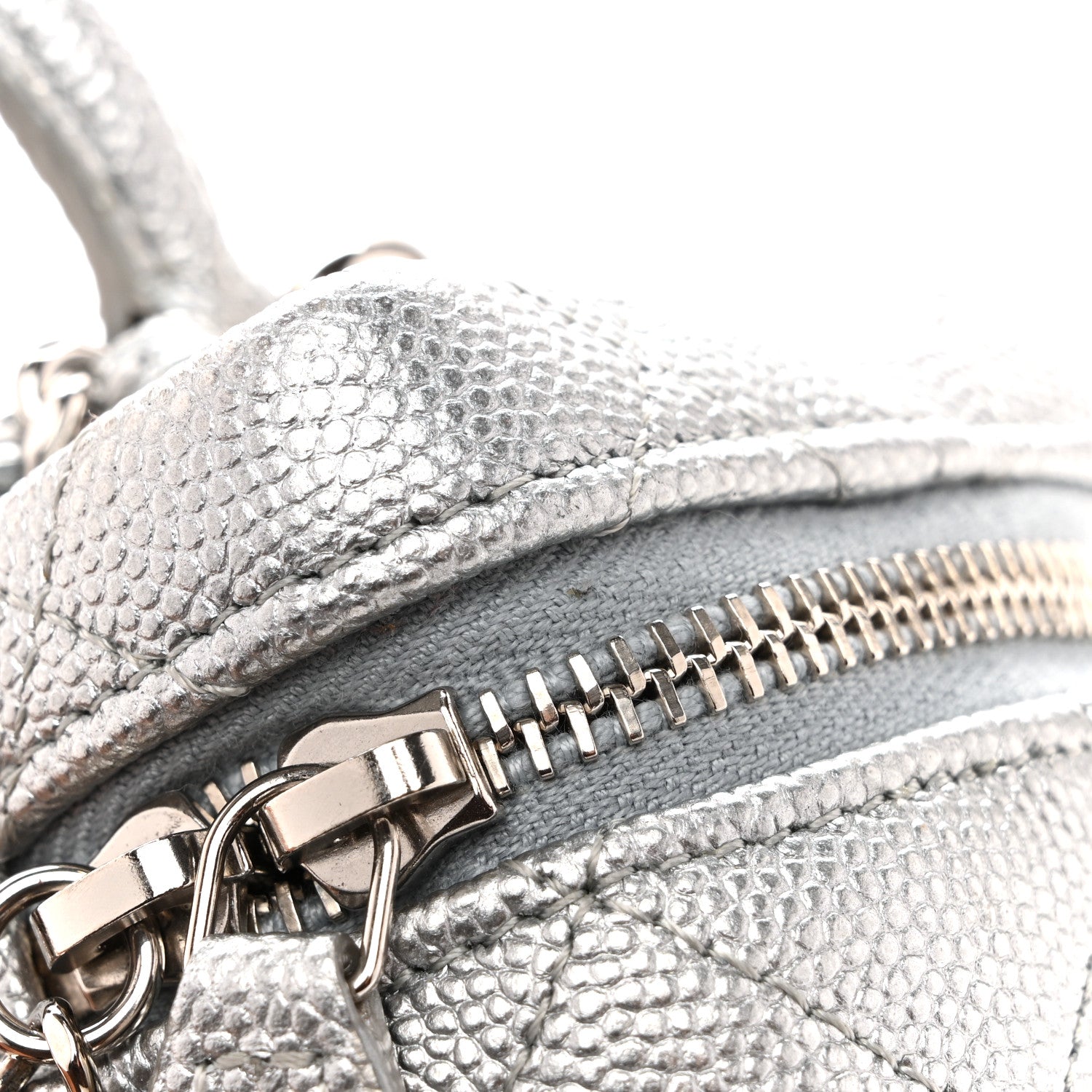 Chanel Metallic Caviar Quilted Mini Top Handle Vanity With Chain Silver