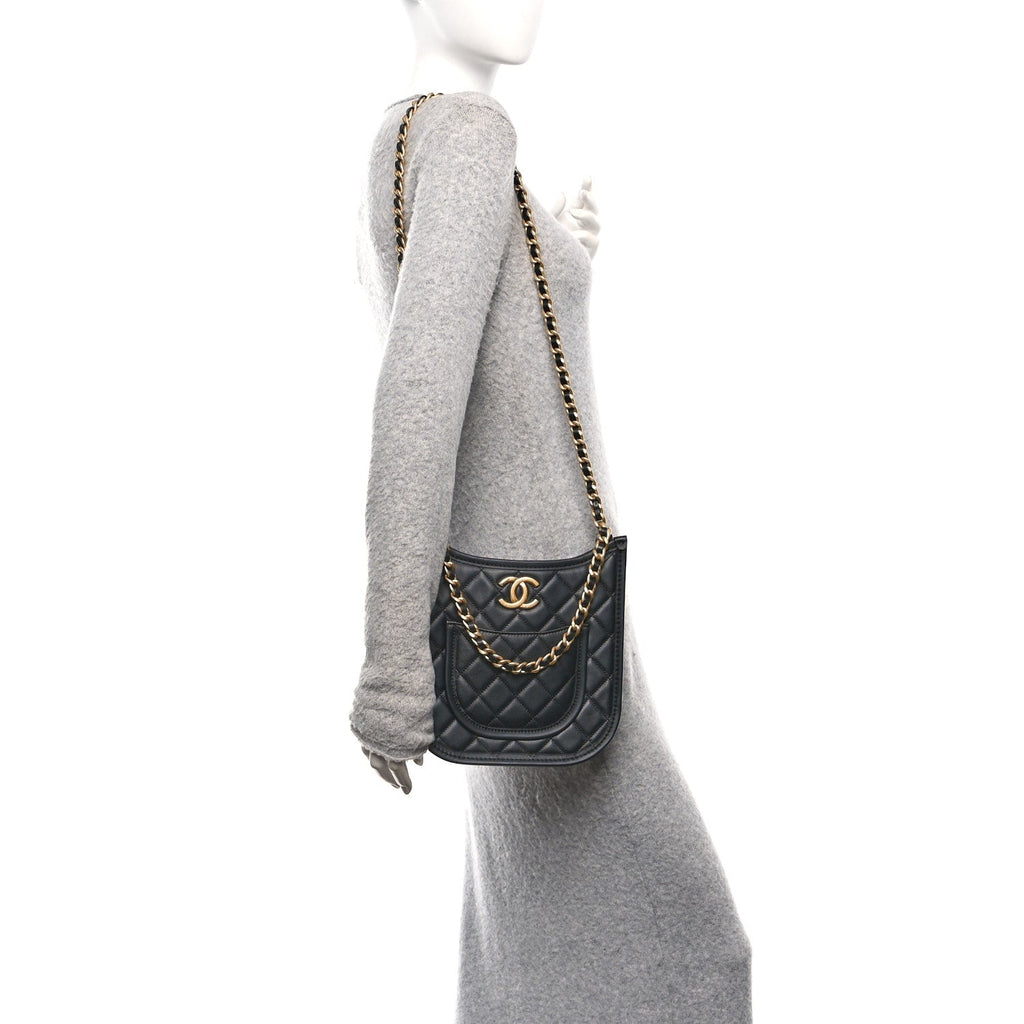 Chanel Calfskin Quilted CC Hobo Handbag Black