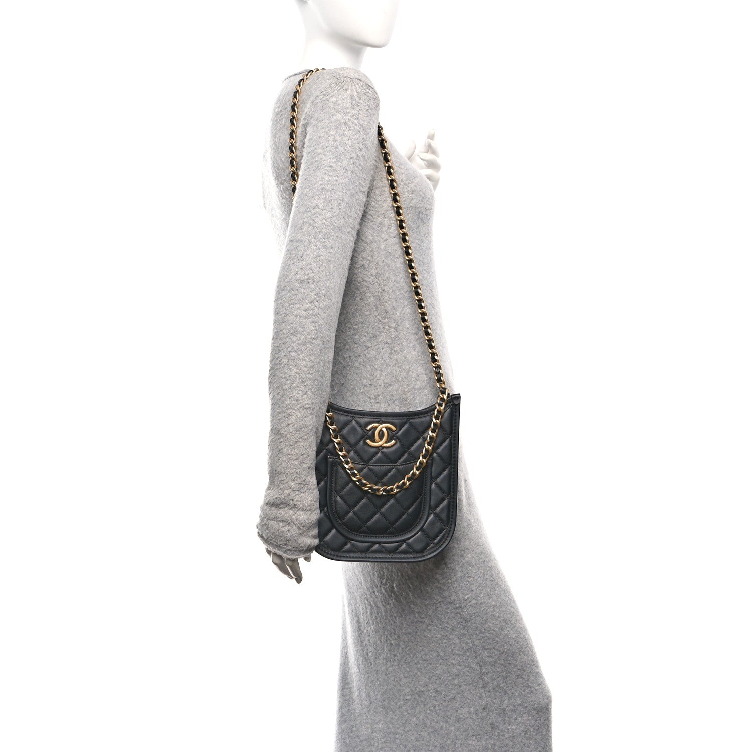 Chanel Calfskin Quilted CC Hobo Handbag Black