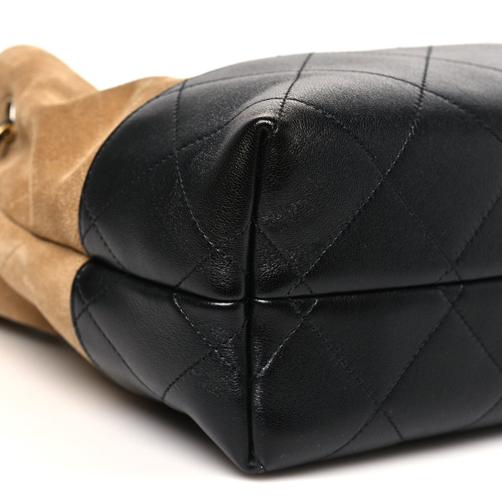 Chanel Suede Calfskin Shiny Lambskin Quilted Small Coco Base Shopping Bag Beige Black
