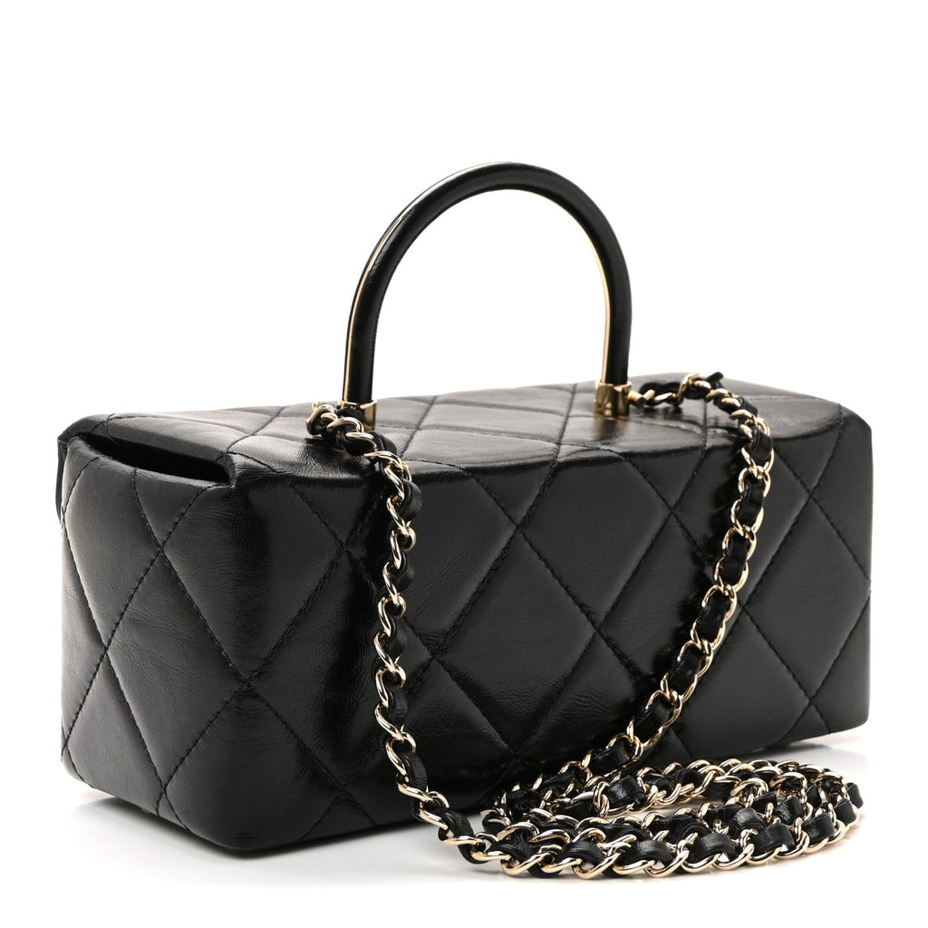 Chanel Shiny Calfskin Quilted Top Handle Box Bag Black