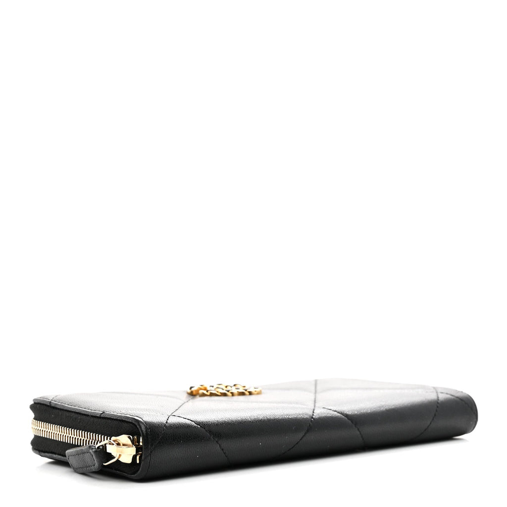 Chanel Shiny Goatskin Quilted Chanel 19 Long Zipped Around Wallet Black